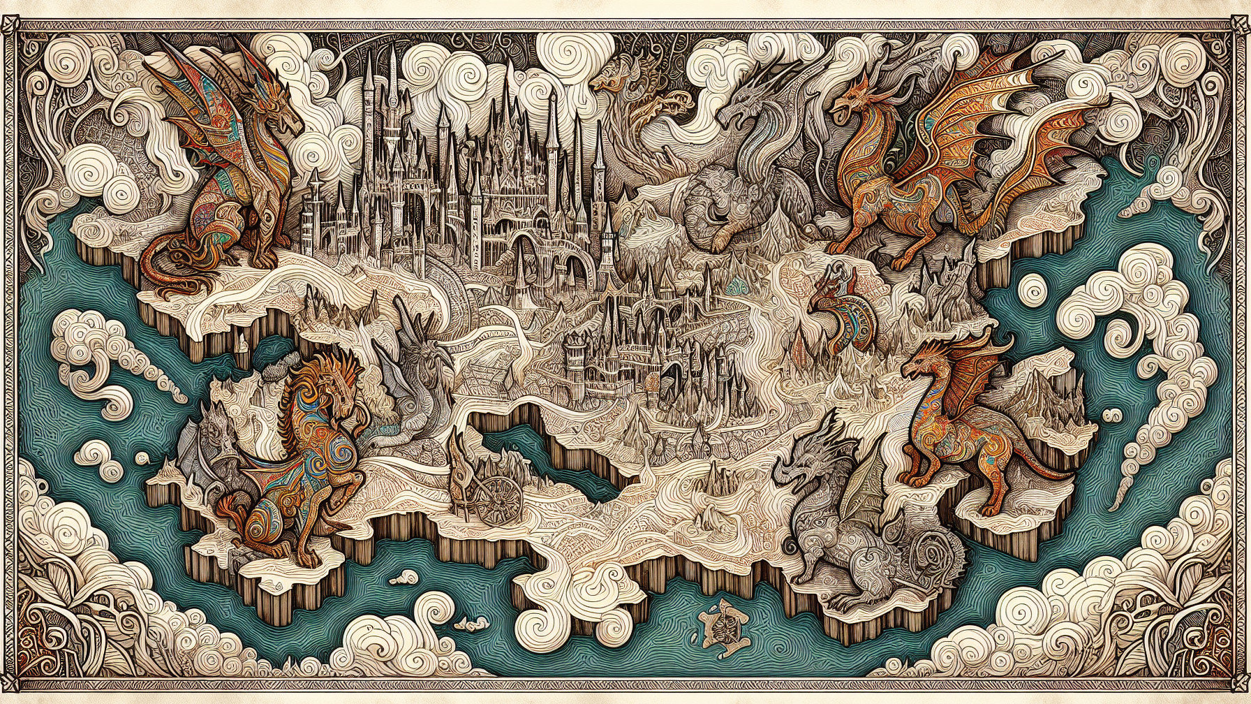Fantasy Map Featuring Castles and Unique Dragons