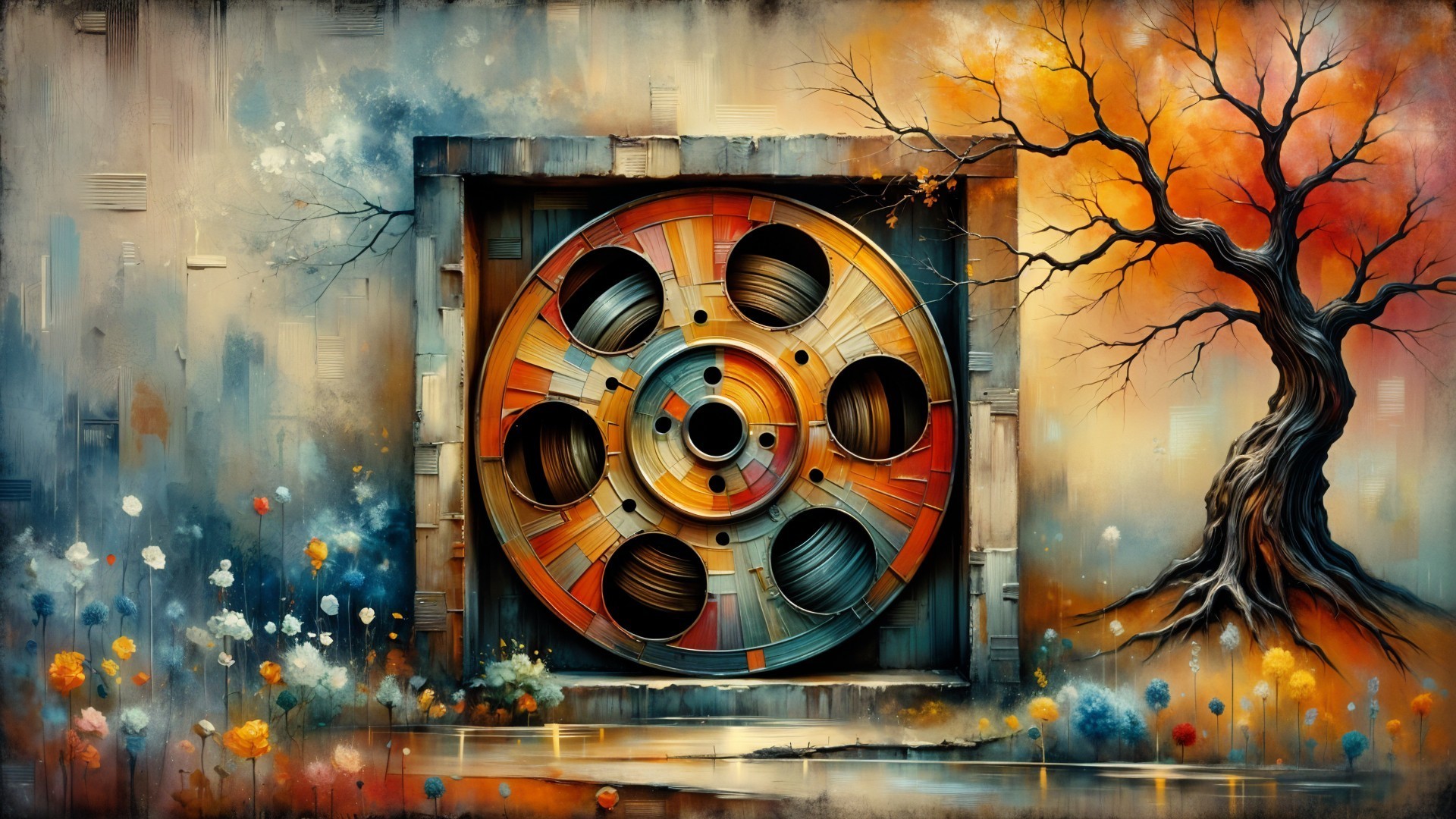 Colorful Film Reel Surrounded by Autumn Trees and Flowers