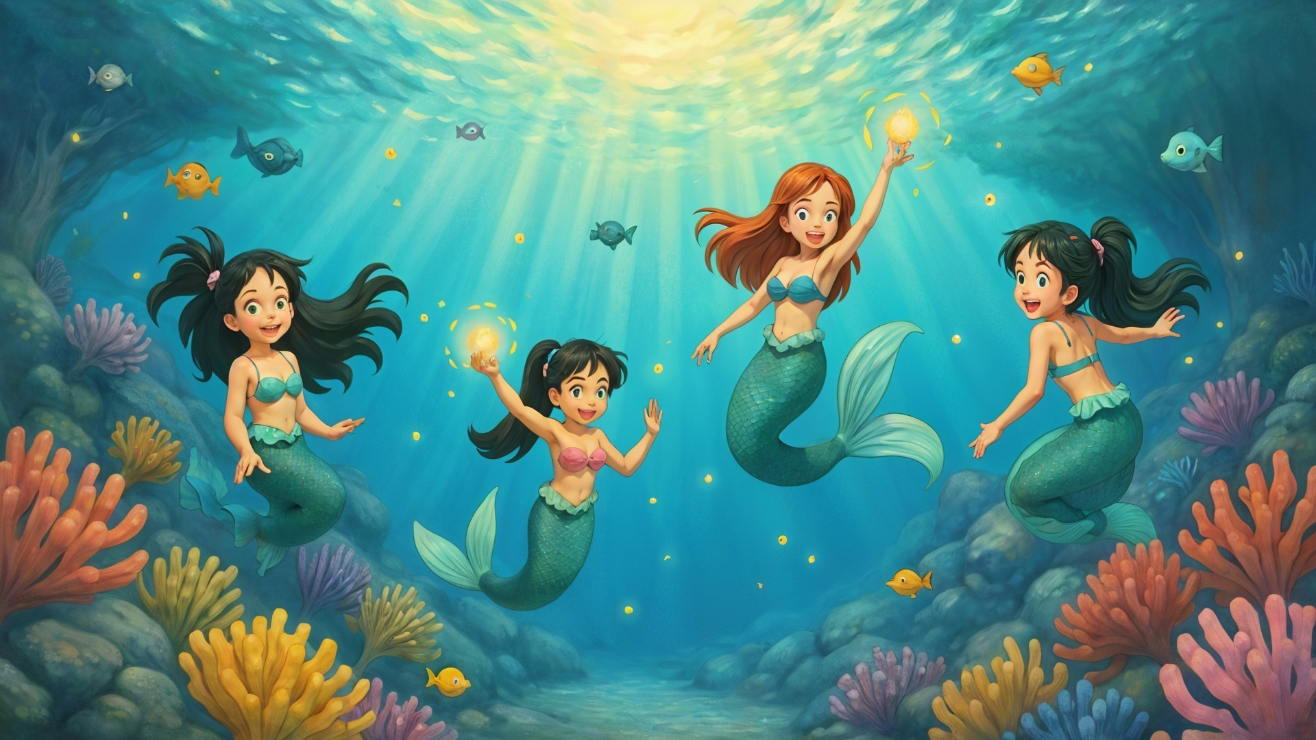 Vibrant Underwater Scene with Joyful Mermaids and Fish
