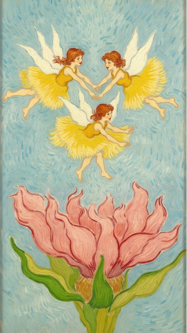 Whimsical Fairies Dancing Above a Blooming Flower