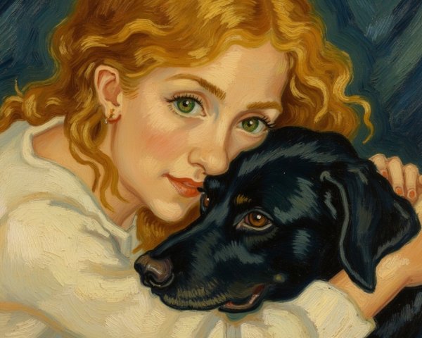 Young girl with golden curls embraces a black dog