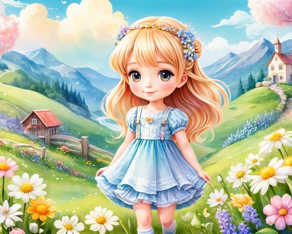 Whimsical Landscape with Girl in Blue Dress and Flowers