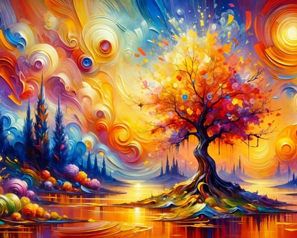 Vibrant autumn landscape with solitary tree and water
