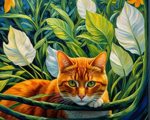 Ginger Cat Among Lush Foliage and Yellow Flowers