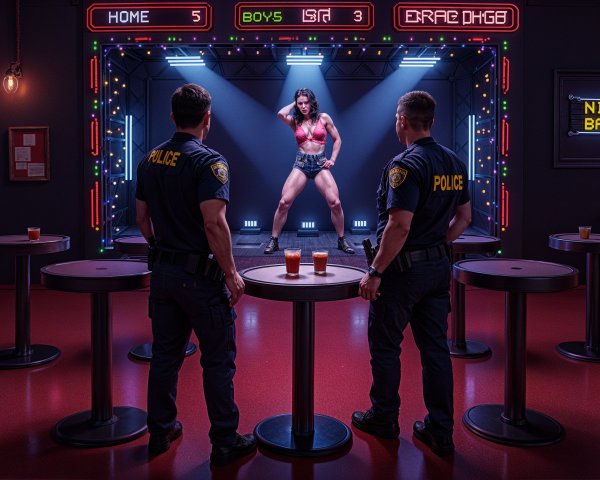 Police Officers Observe Performer in Neon-lit Bar