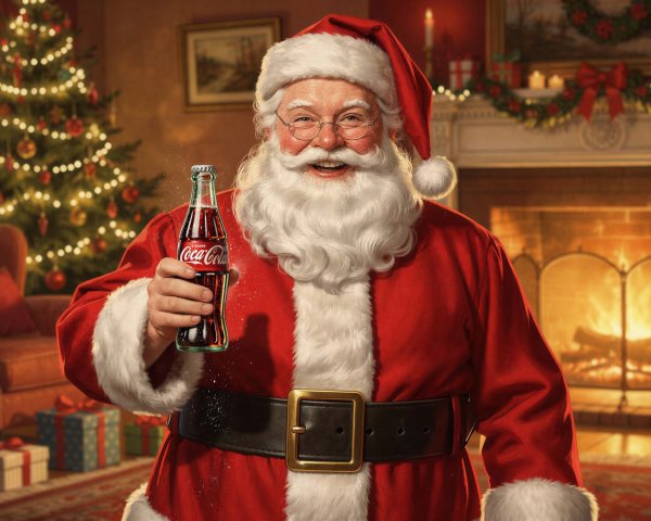 Santa Claus in Festive Room with Coca-Cola Bottle