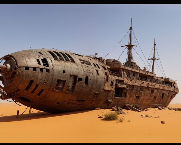 Rusted Spaceship Stranded in Desert Landscape