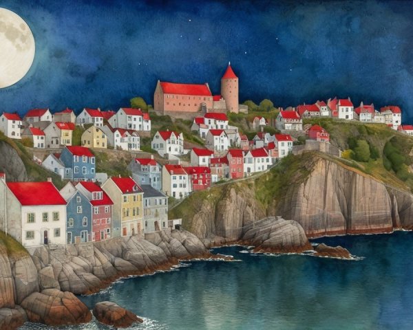 Coastal Village with Colorful Houses and Castle at Night