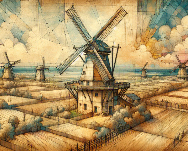 Stylized Windmills in a Vibrant Landscape Scene