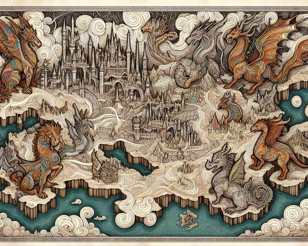 Fantasy Map Featuring Castles and Unique Dragons
