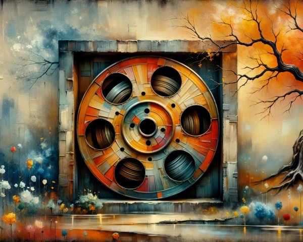 Colorful Film Reel Surrounded by Autumn Trees and Flowers