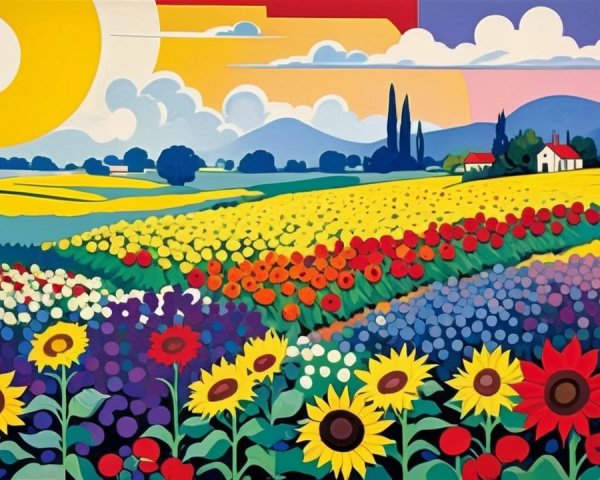 Vibrant Landscape with Colorful Flowers and Farmhouse