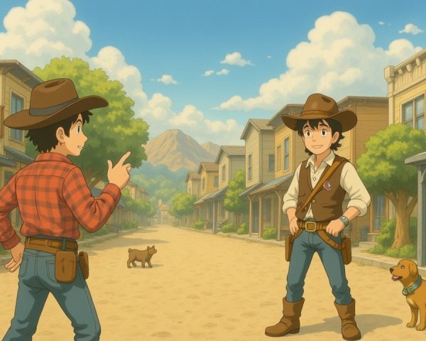 Animated Cartoon Cowboys in a Lively Western Town