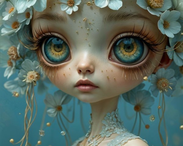Whimsical Character with Floral Crown and Sparkles
