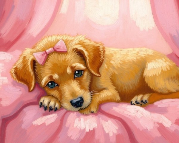 Golden Puppy on Pink Satin Backdrop with Bow