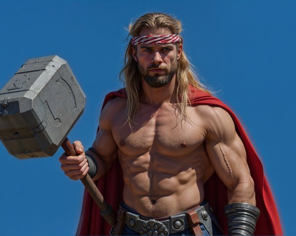 Muscular Warrior with Hammer Against Blue Sky