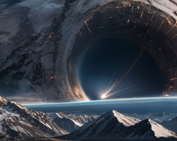 Cosmic Scene with Black Hole and Snow-Capped Mountains