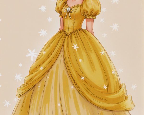 Charming girl in yellow gown with floral crown and stars