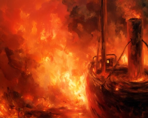 Dramatic Scene of a Ship Engulfed in Flames