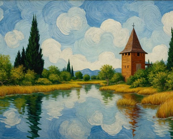 Serene landscape with river, greenery, and tower