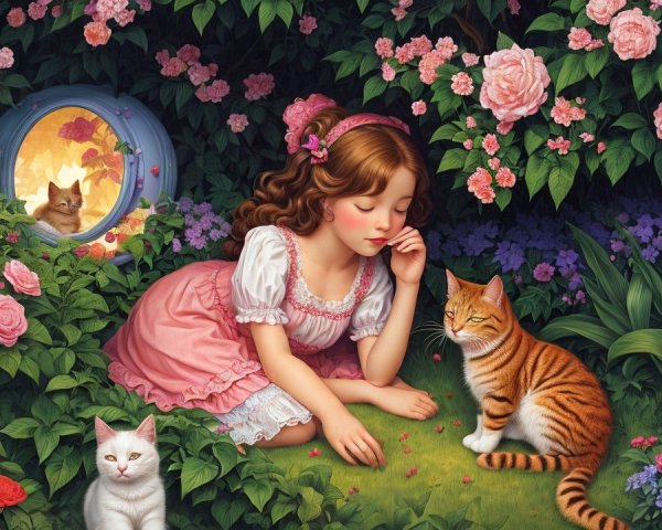 Serene garden scene with girl, cats, and roses