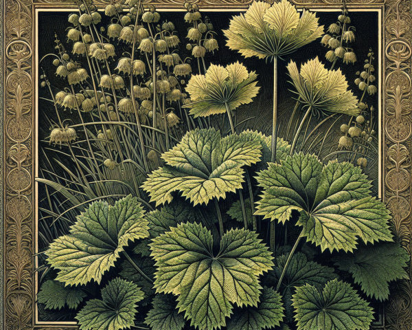 Detailed Illustration of Lush Green Foliage and Flowers