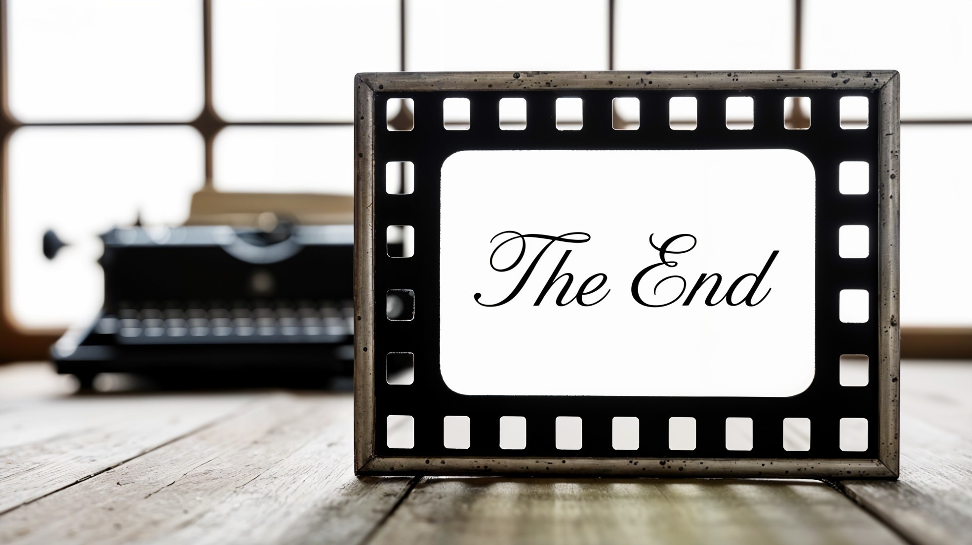 Vintage Film Frame with "The End" Text and Typewriter