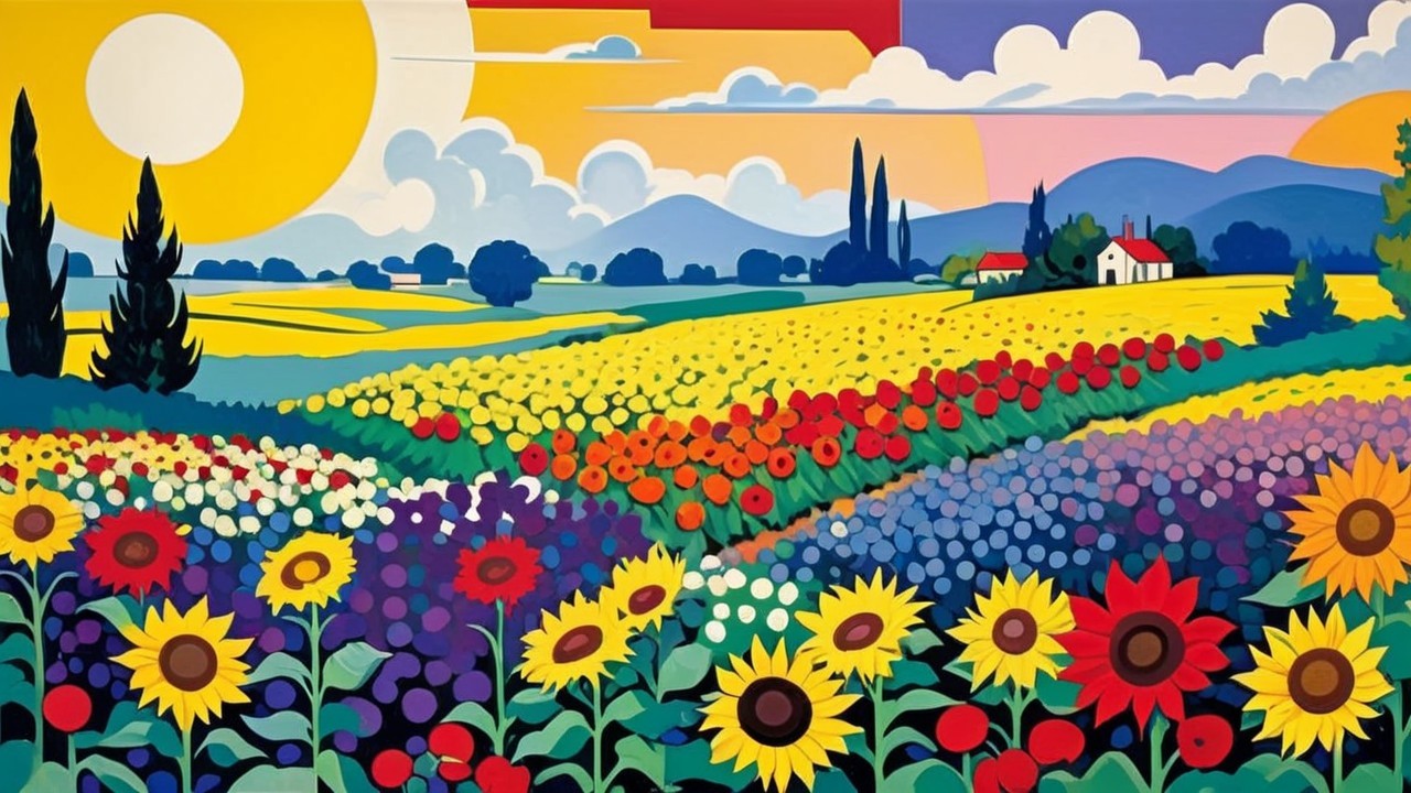 Vibrant Landscape with Colorful Flowers and Farmhouse