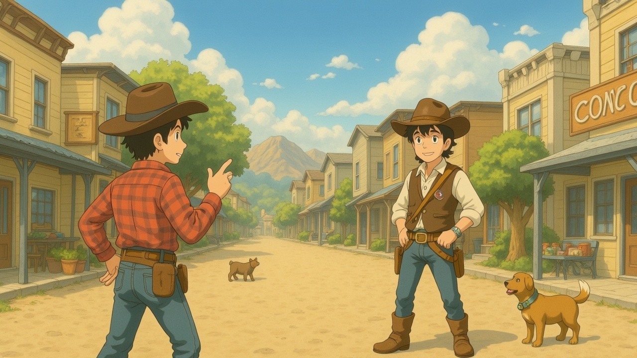 Animated Cartoon Cowboys in a Lively Western Town