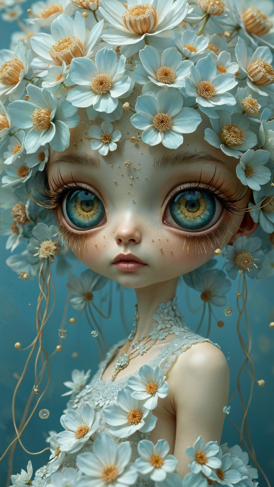 Whimsical Character with Floral Crown and Sparkles