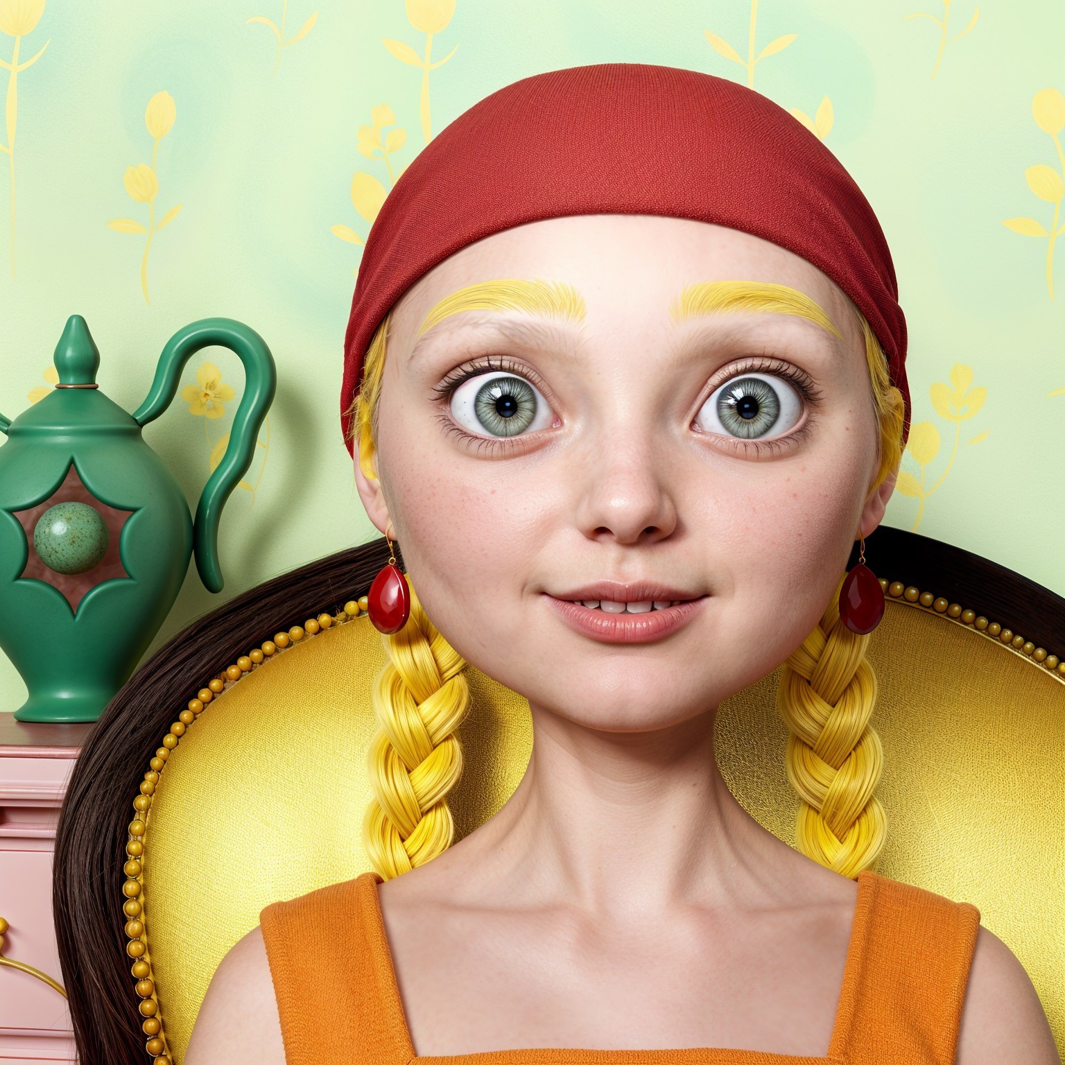 Cartoon Character in Lavish Chair with Floral Background