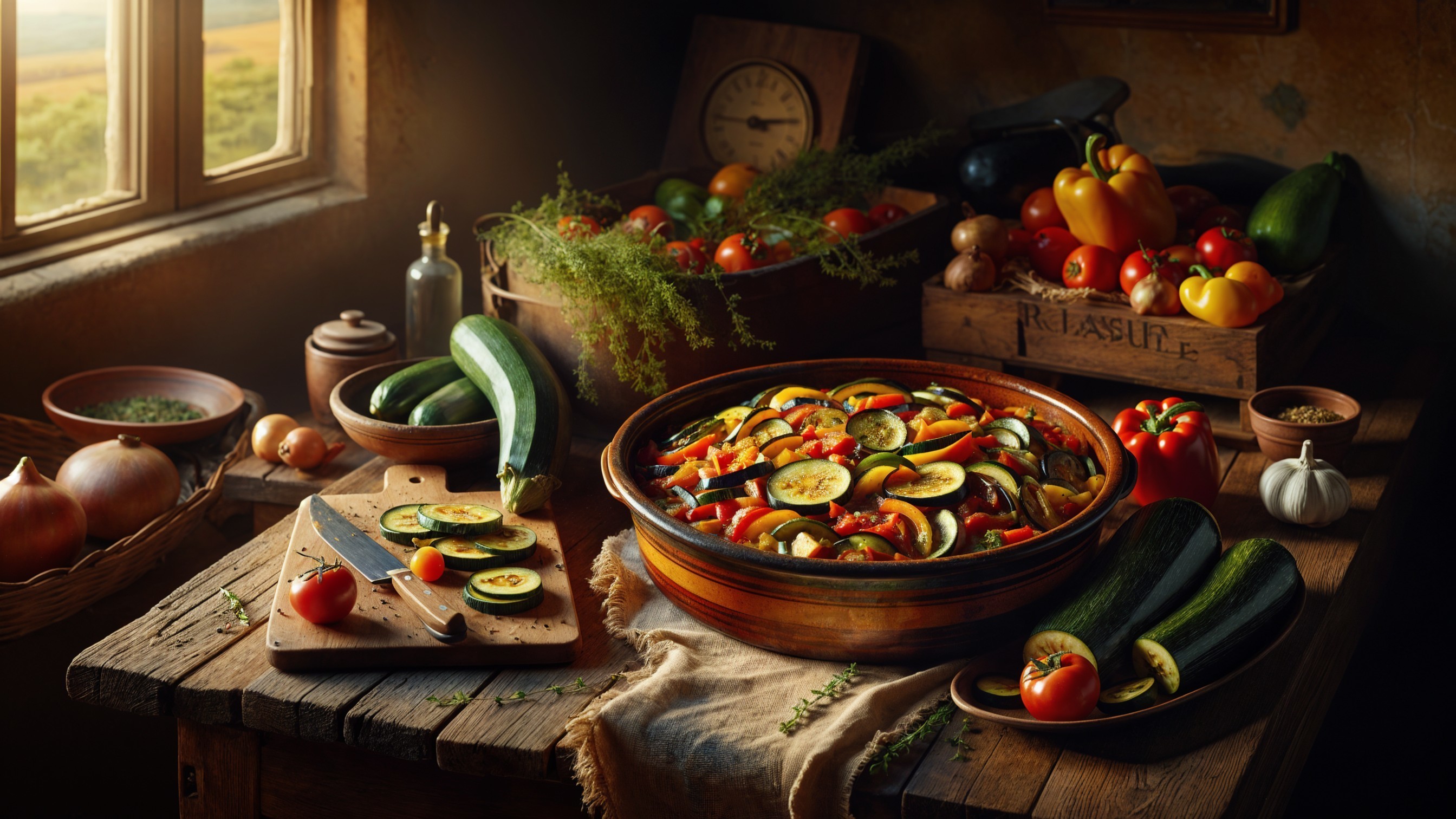 Rustic kitchen filled with fresh vegetables and herbs
