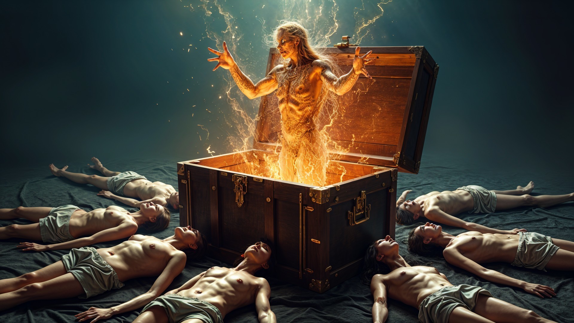 Mystical figure emerges from glowing treasure chest