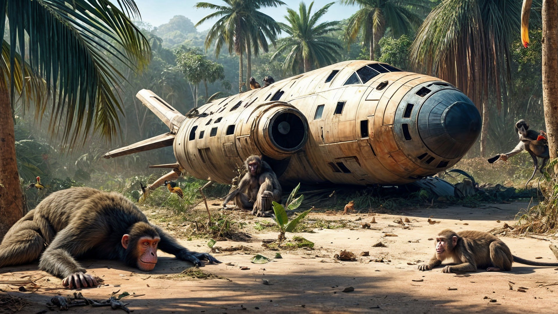 Weathered Spaceship Half-Buried in Lush Jungle