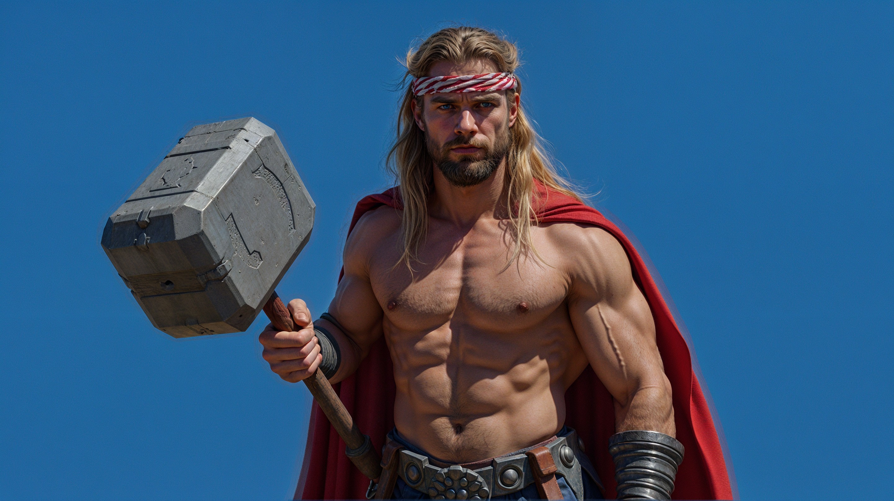Muscular Warrior with Hammer Against Blue Sky