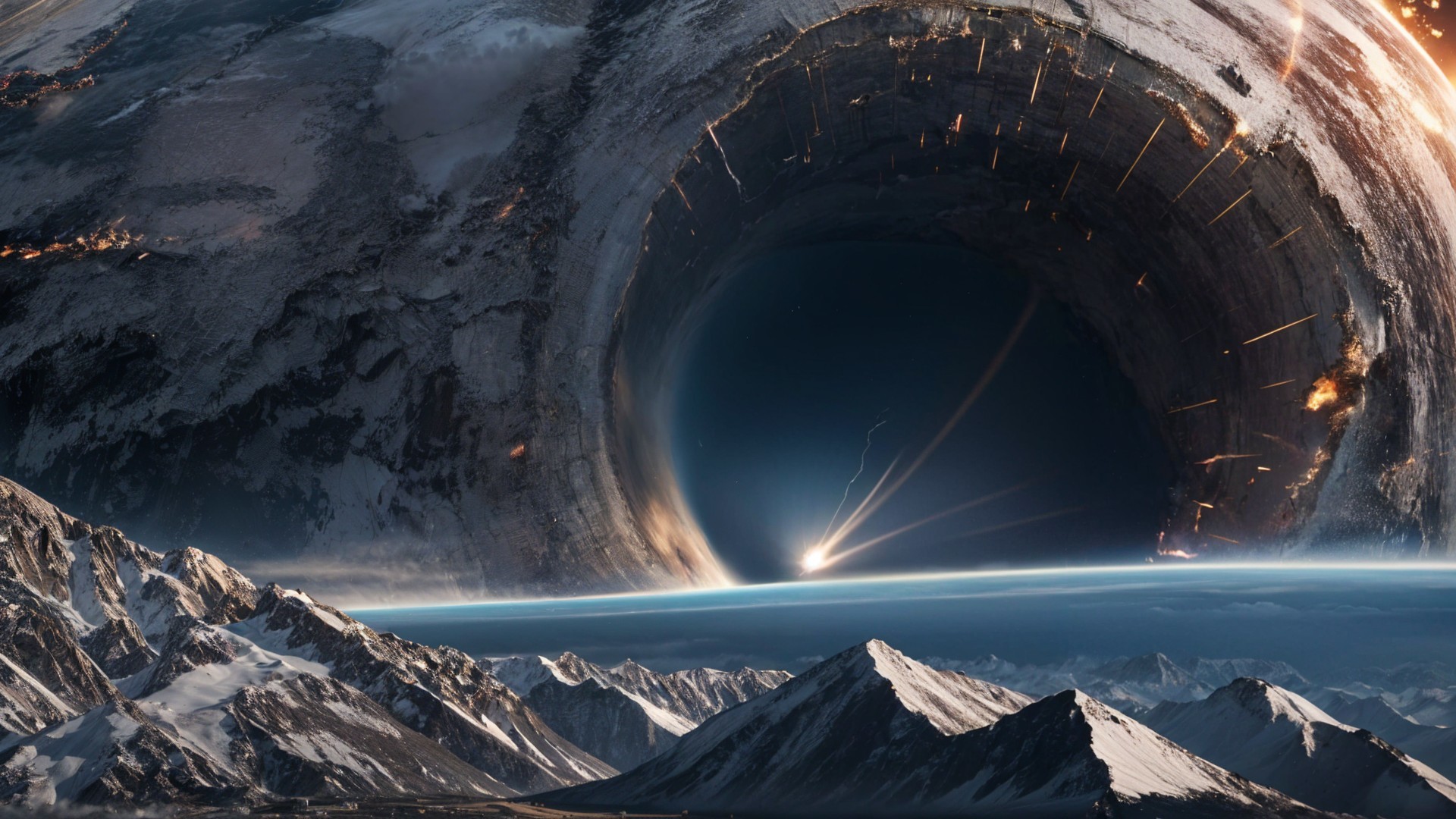 Cosmic Scene with Black Hole and Snow-Capped Mountains