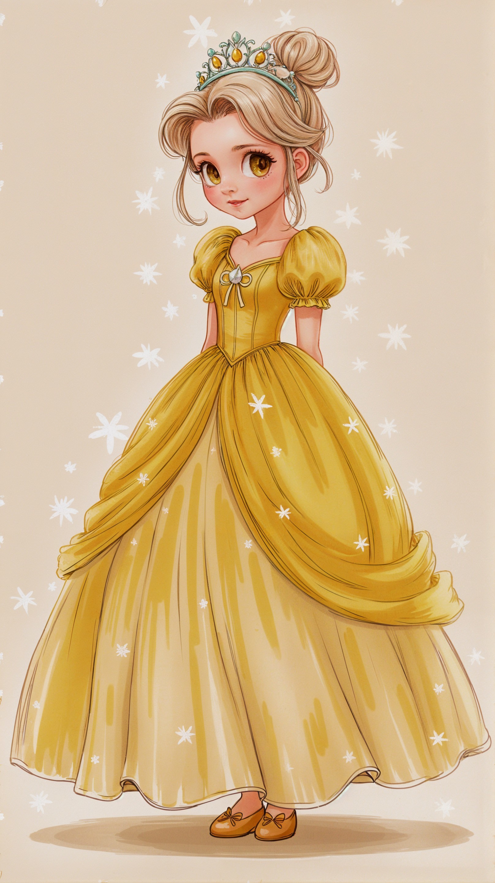 Charming girl in yellow gown with floral crown and stars
