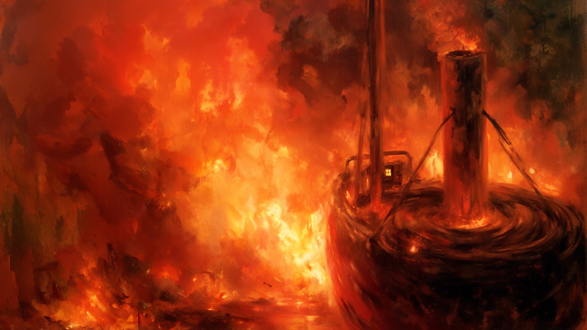Dramatic Scene of a Ship Engulfed in Flames
