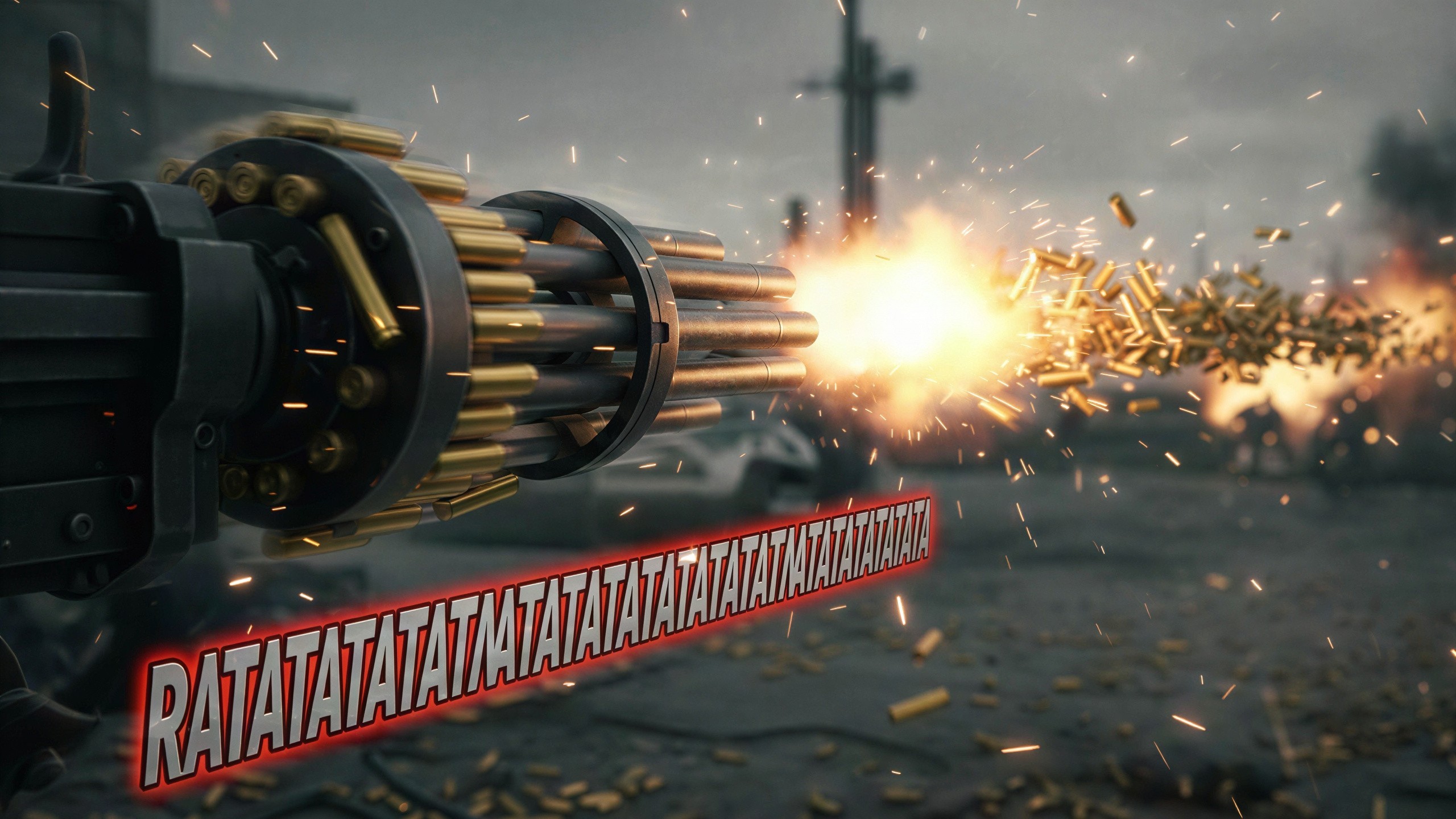 Close-Up View of Minigun Firing with Muzzle Flash