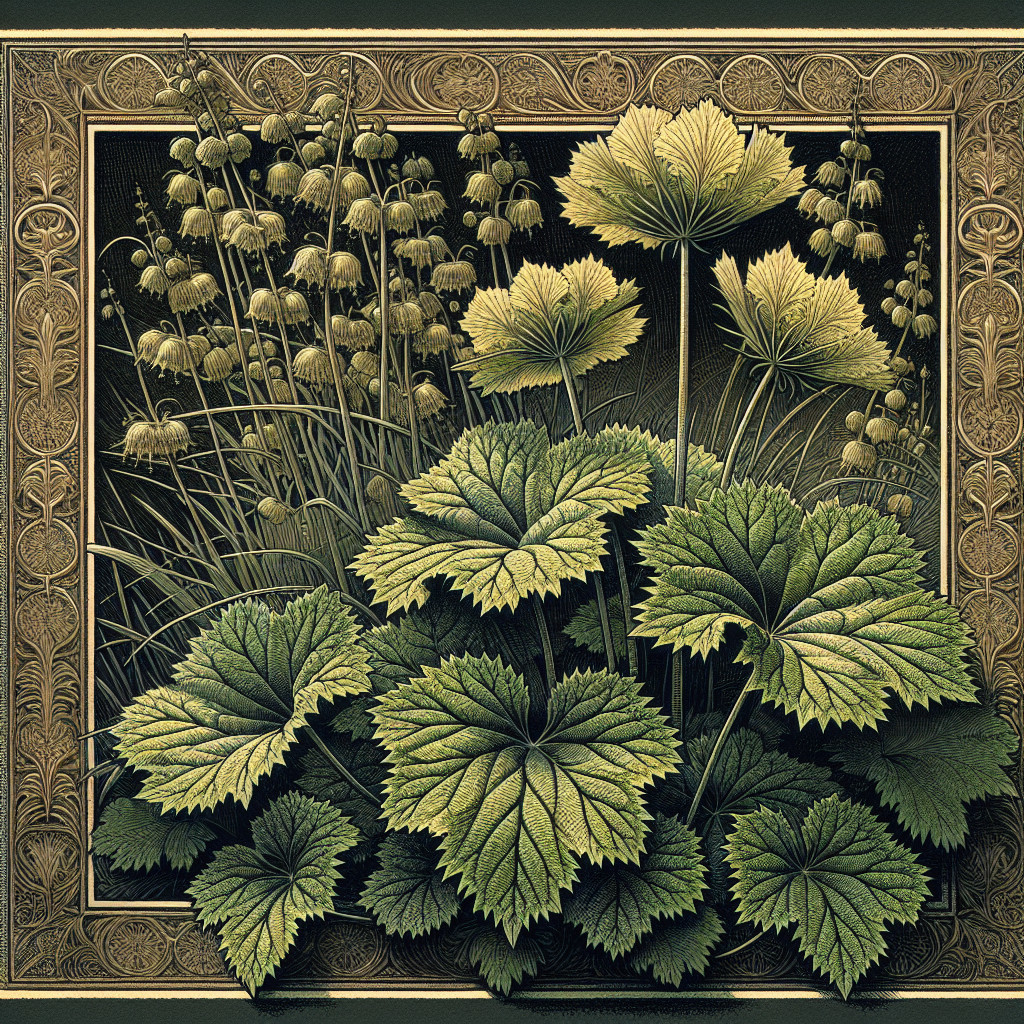 Detailed Illustration of Lush Green Foliage and Flowers
