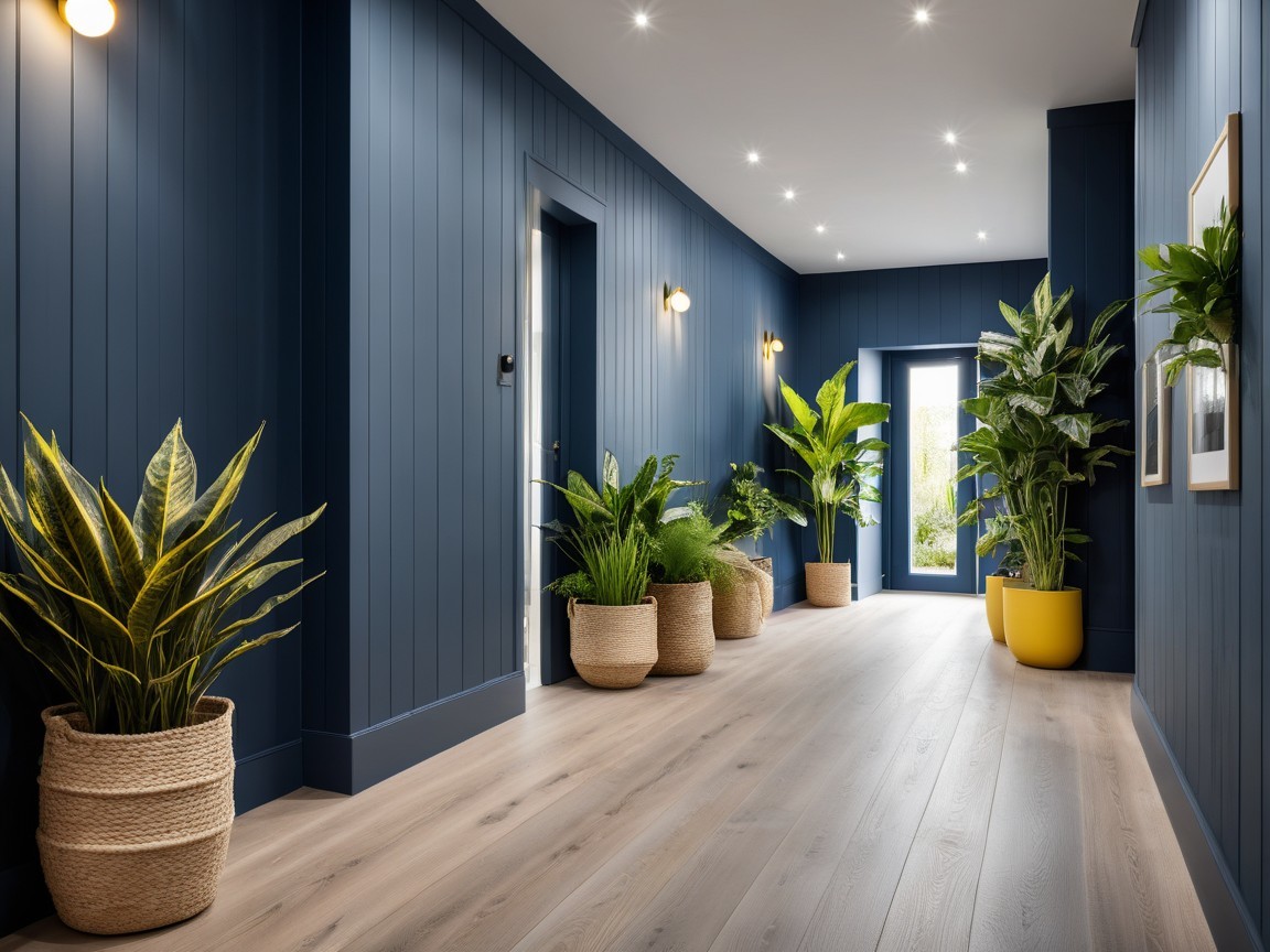 Modern Hallway with Blue Walls and Green Plants