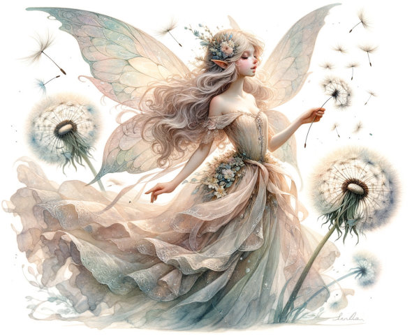 Fairy with Translucent Wings Among Dandelions