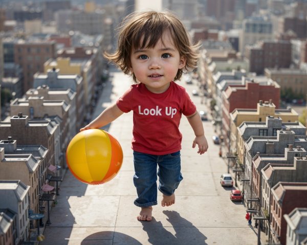 Cheerful Toddler with Beach Ball in Cityscape Setting