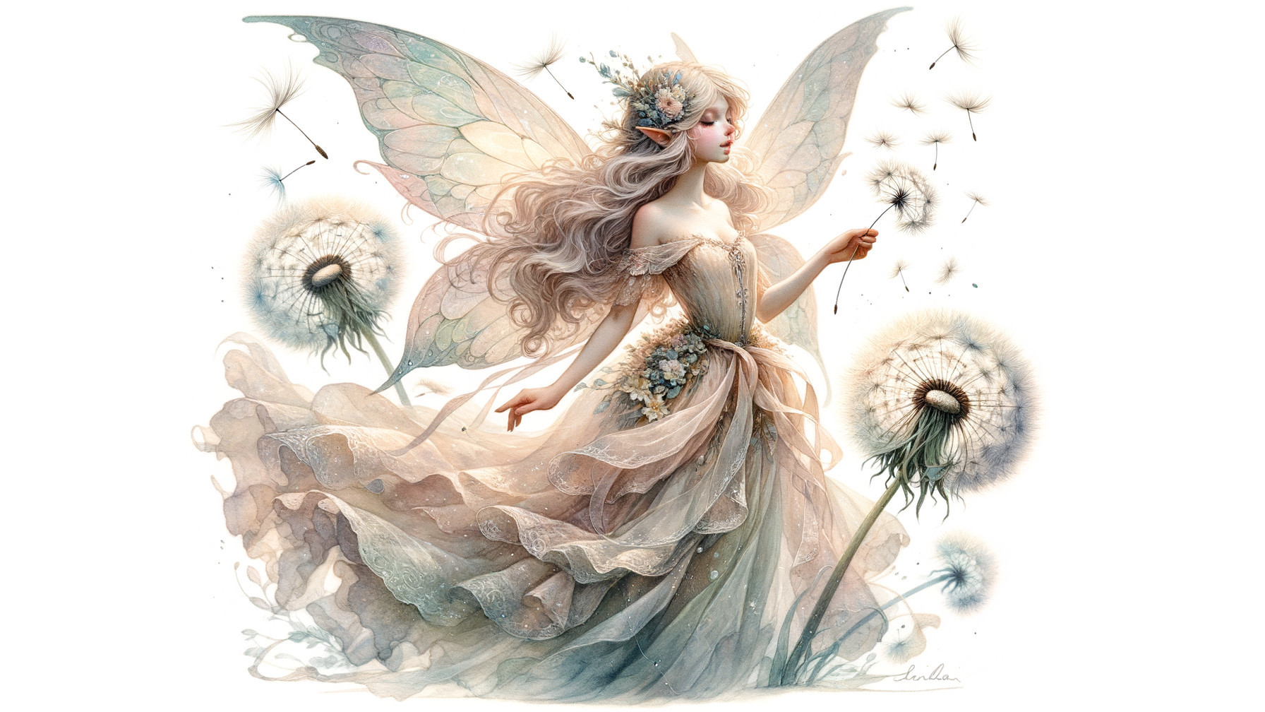 Fairy with Translucent Wings Among Dandelions