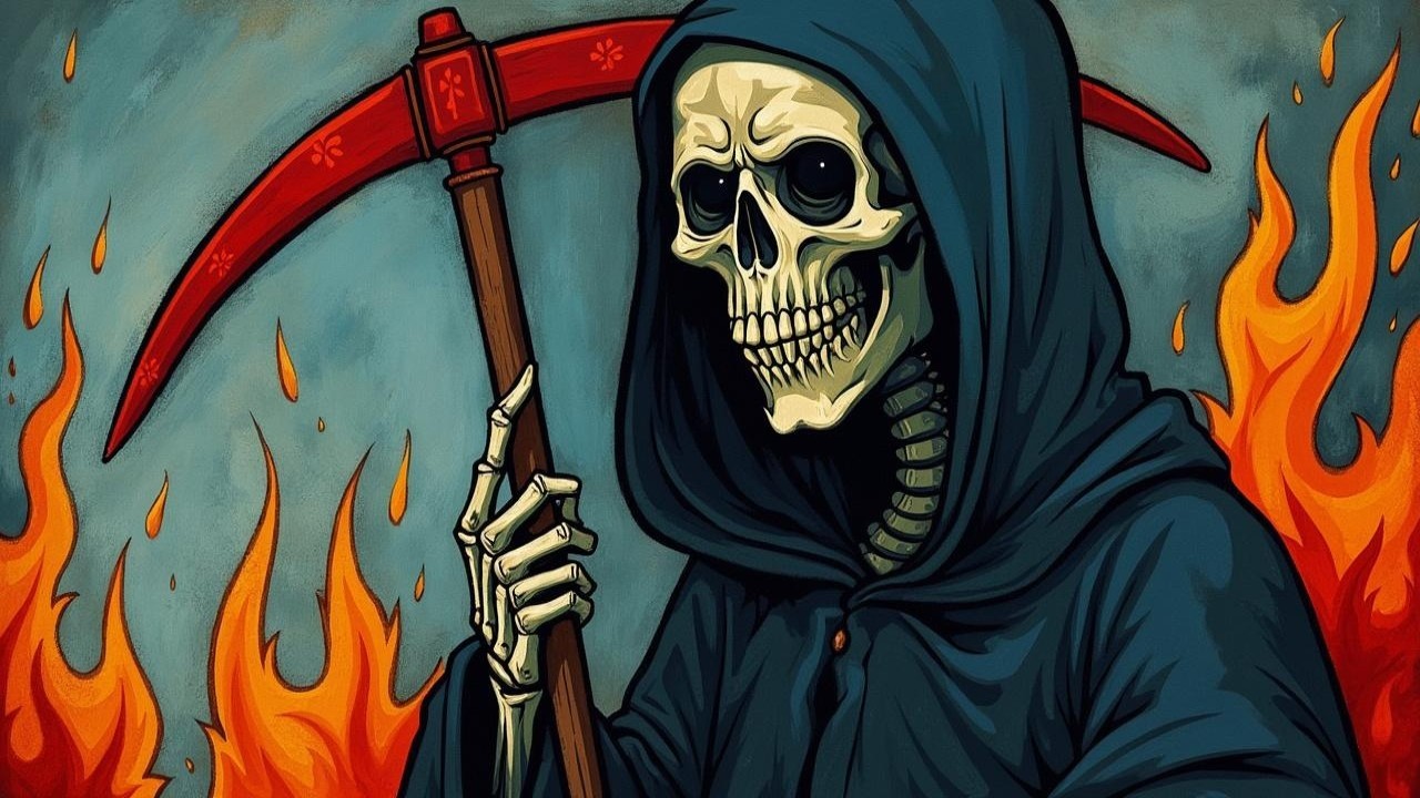 Cloaked Figure with Scythe Against Fiery Background