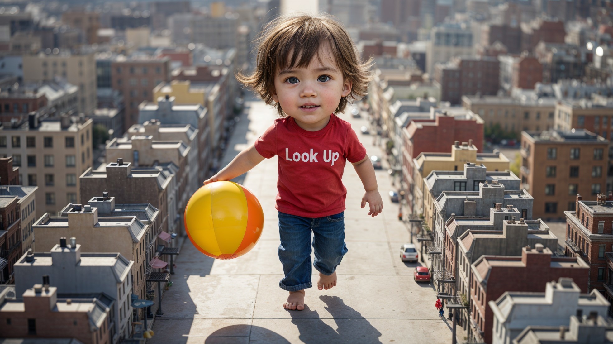 Cheerful Toddler with Beach Ball in Cityscape Setting