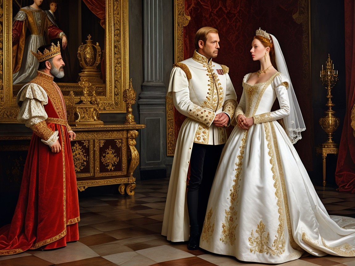 Royal Chamber with Prince, Princess, and Noble Figure