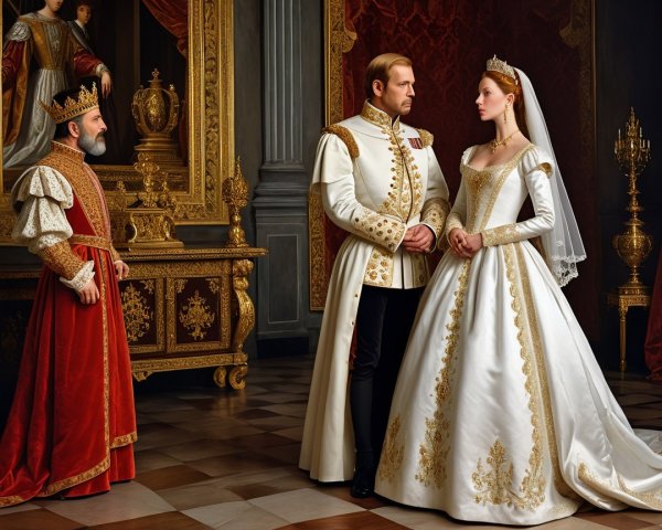 Royal Chamber with Prince, Princess, and Noble Figure