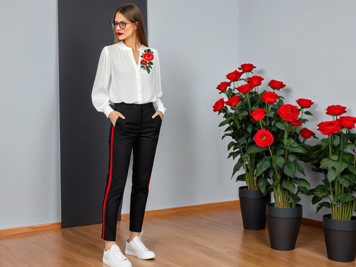 Stylish Young Woman in Floral Blouse and Black Pants
