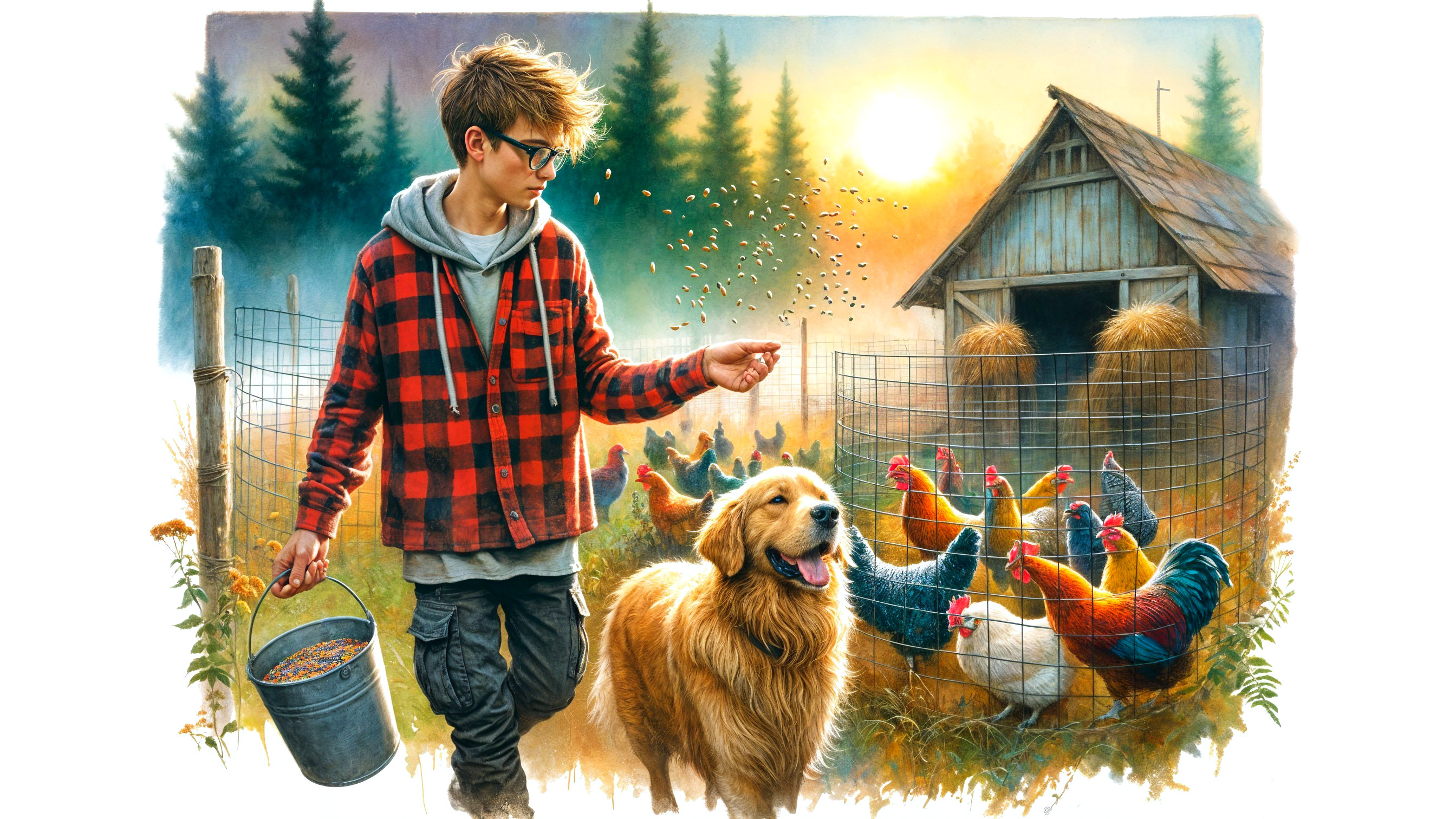 Young Boy Feeding Chickens on a Serene Farm